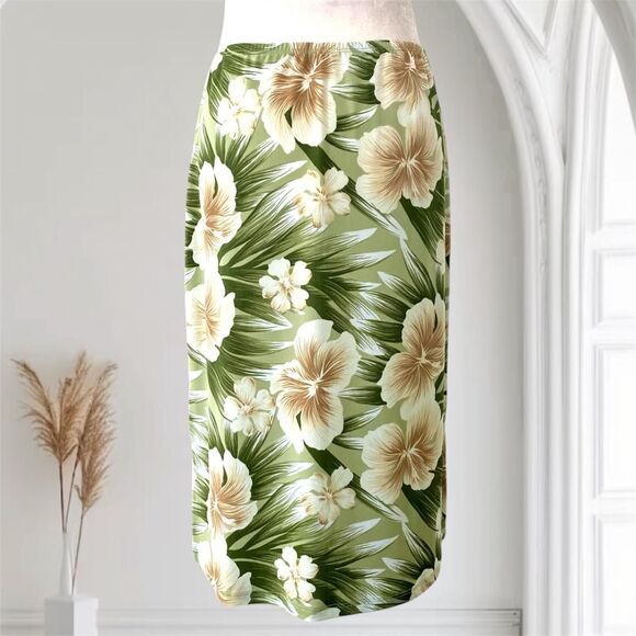 XXI Early 2000's Khaki Green Tan Hawaiian Hawaii Flower Floral Midi Skirt L - Picture 1 of 7